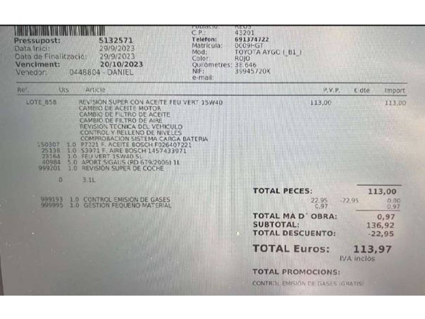 Foto del mantenimiento del Toyota Aygo Toyota Aygo 1.0 VVT-i Connect (68 CV)