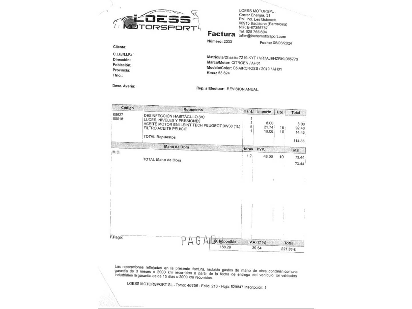Foto del mantenimiento del Citroën C5 Aircross Citroën C5 Aircross BlueHdi 180 S&S Shine EAT8 (177 CV)