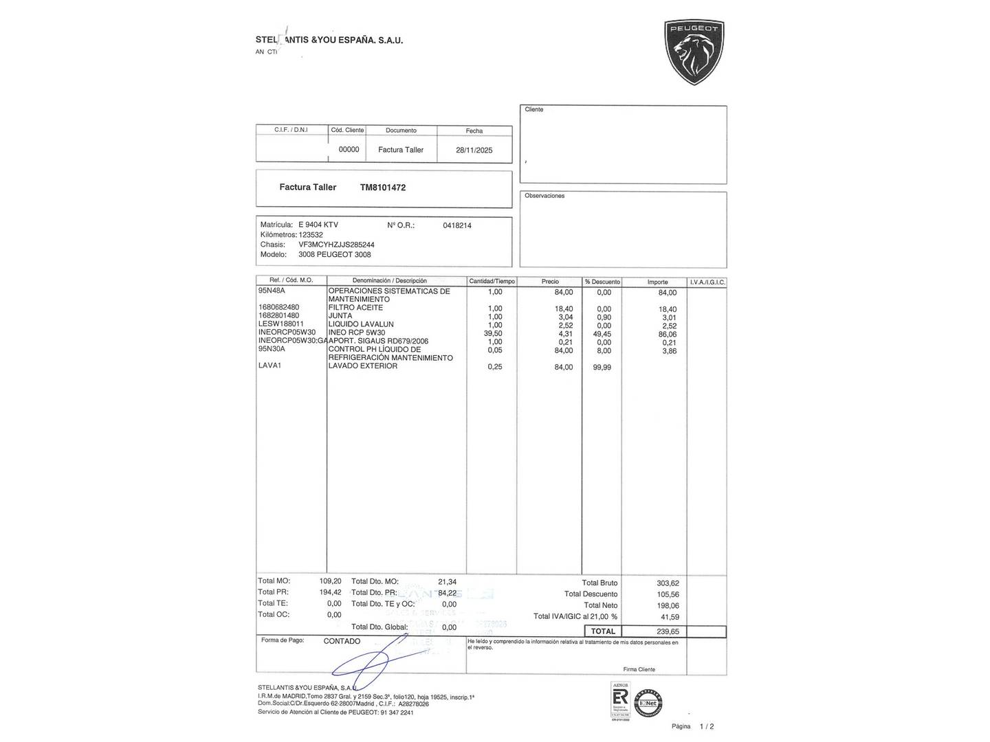 Foto del mantenimiento del Peugeot 3008 Peugeot 3008 BlueHDI 130 S&S Allure (130 CV)