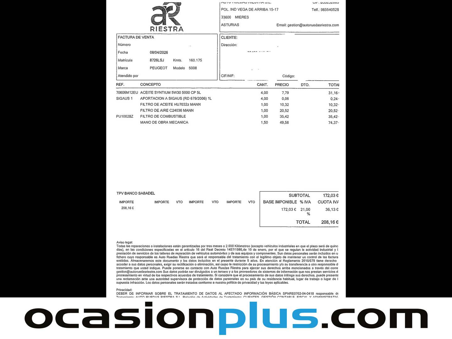 Foto del mantenimiento del Peugeot 5008 Peugeot 5008 BlueHDi 130 S&S Allure EAT8 (130 CV) 7 PLAZAS