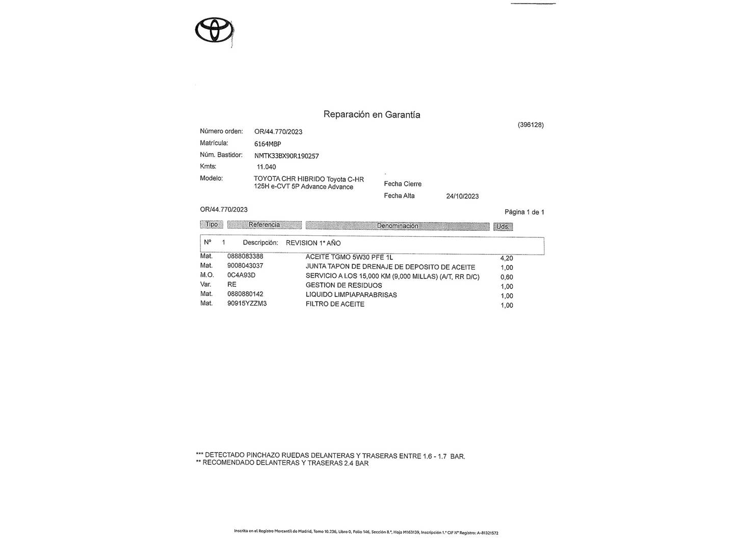 Foto del mantenimiento del Toyota C-HR Toyota C-HR 1.8 125H Advance (122 CV)