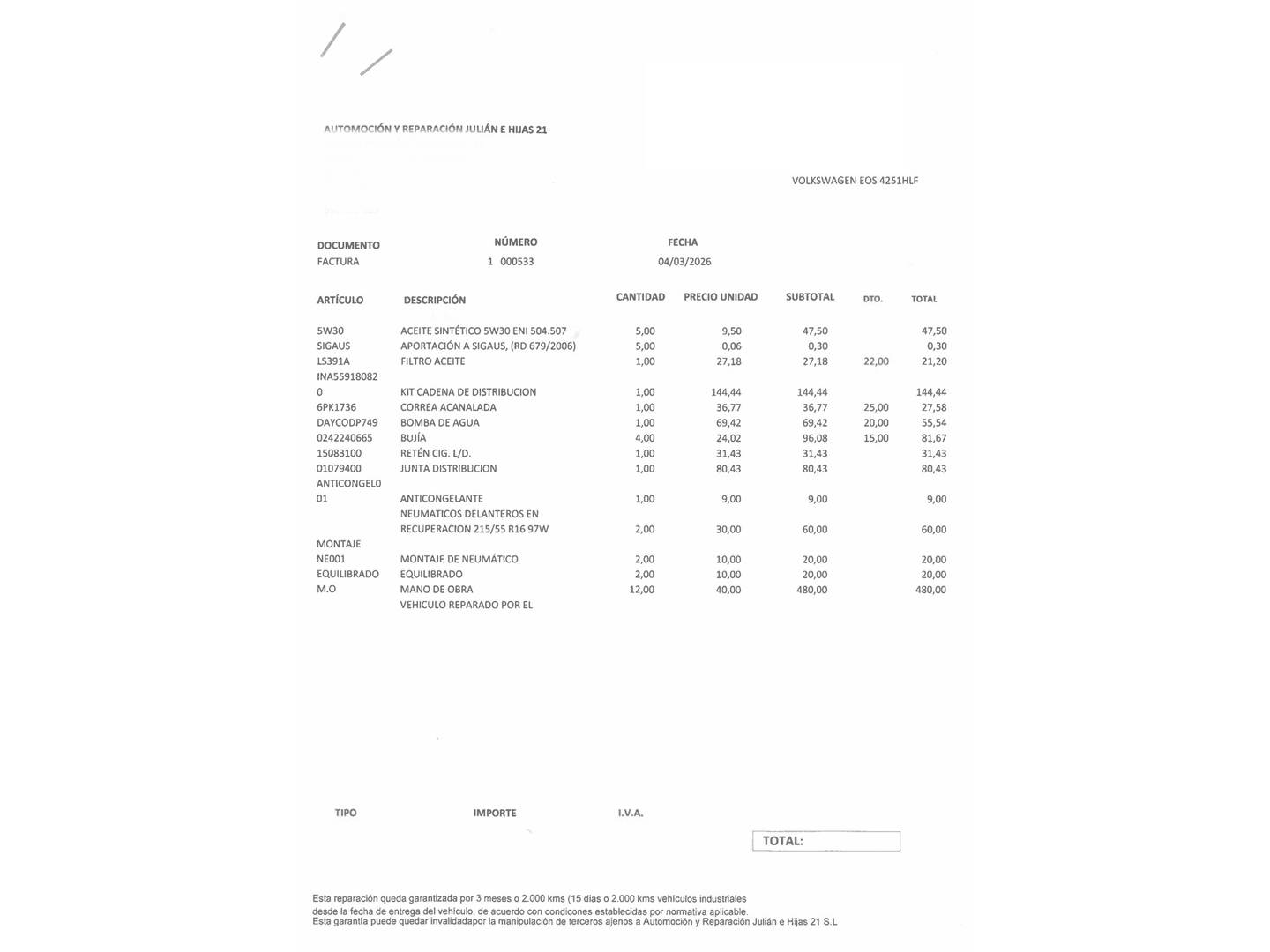 Foto del mantenimiento del Volkswagen Eos Volkswagen Eos Sport 1.4 TSI (122 CV)