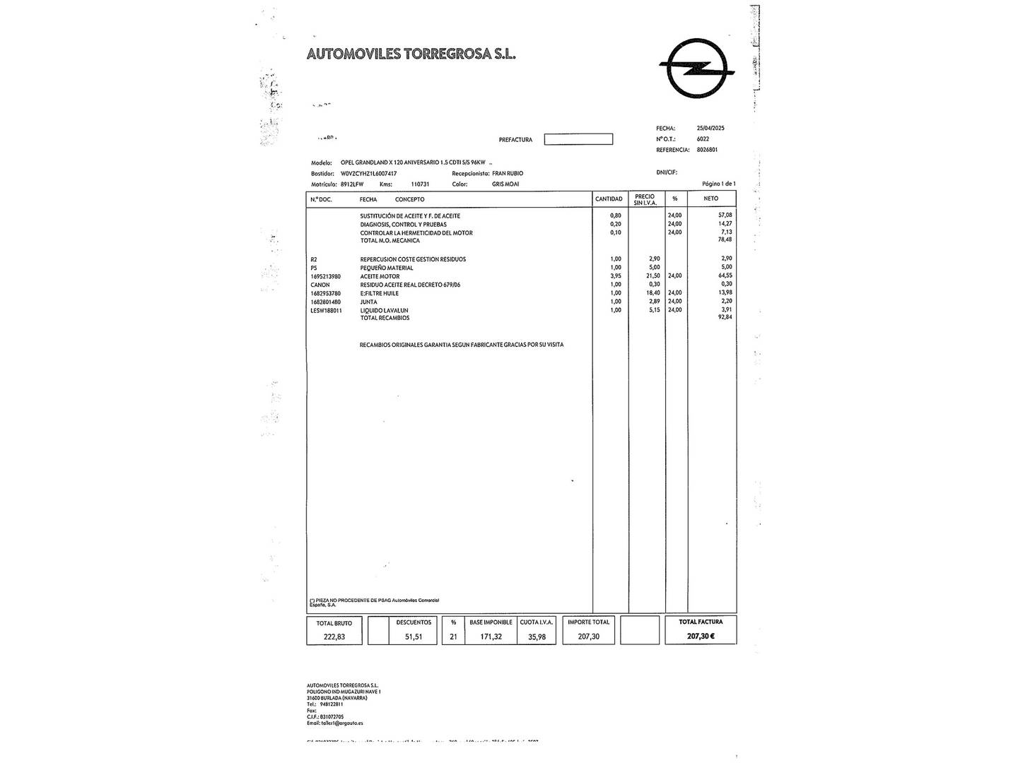 Foto del mantenimiento del Opel Grandland X Opel Grandland X 1.5 CDTi S&S 120 Aniversario (130 CV)