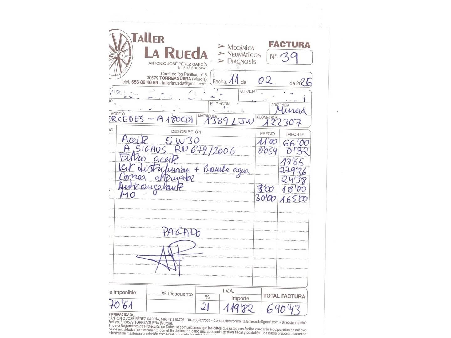 Foto del certificado del Mercedes Clase A Mercedes Clase A 180 d (116 CV) Pack AMG