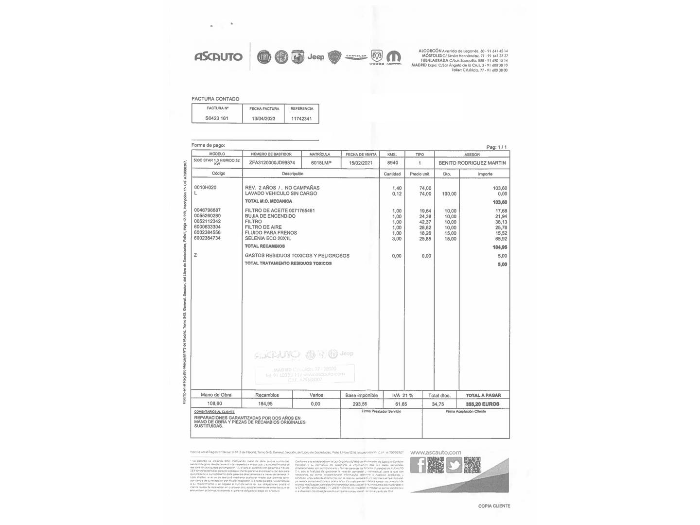 Foto del mantenimiento del Fiat 500C Fiat 500C 1.0 Hybrid Dolcevita (70 CV)