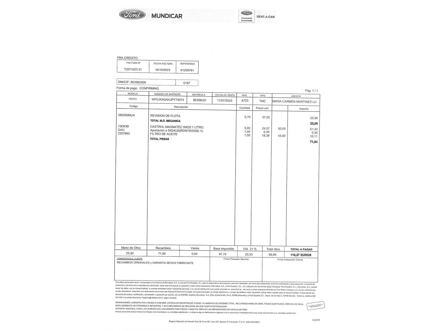 Foto del mantenimiento del Ford Fiesta Ford Fiesta 1.0 EcoBoost MHEV ST-Line (125 CV)