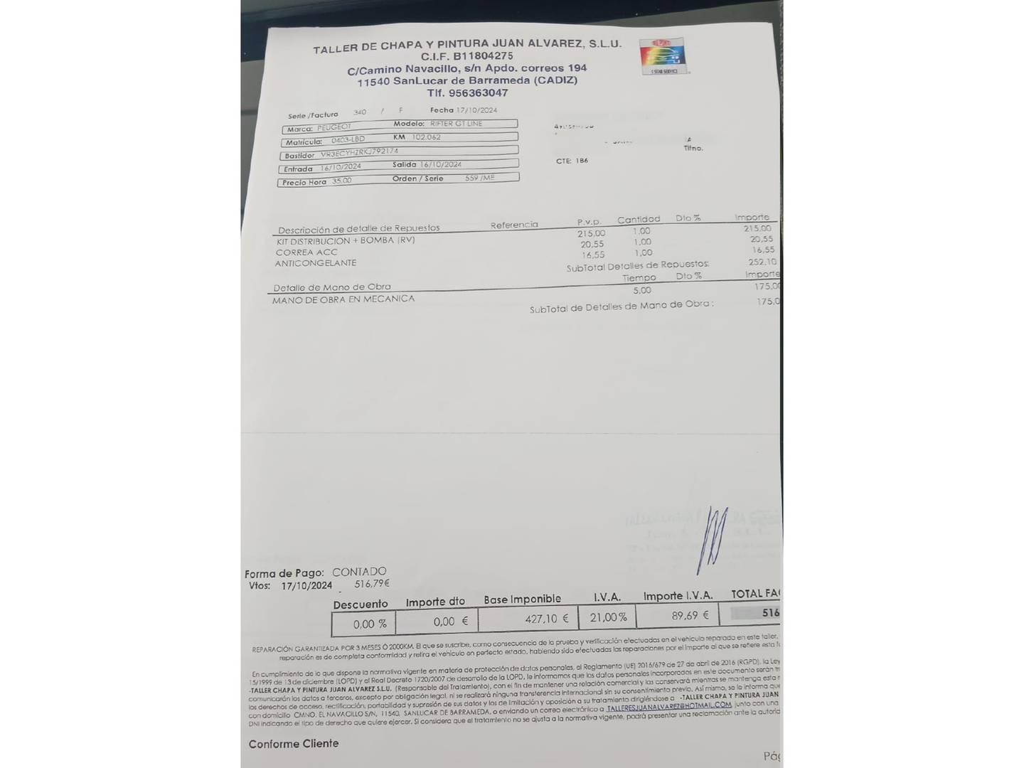Foto del mantenimiento del Peugeot Rifter Peugeot Rifter BlueHDi 130 GT Line Long EAT8 (130 CV)