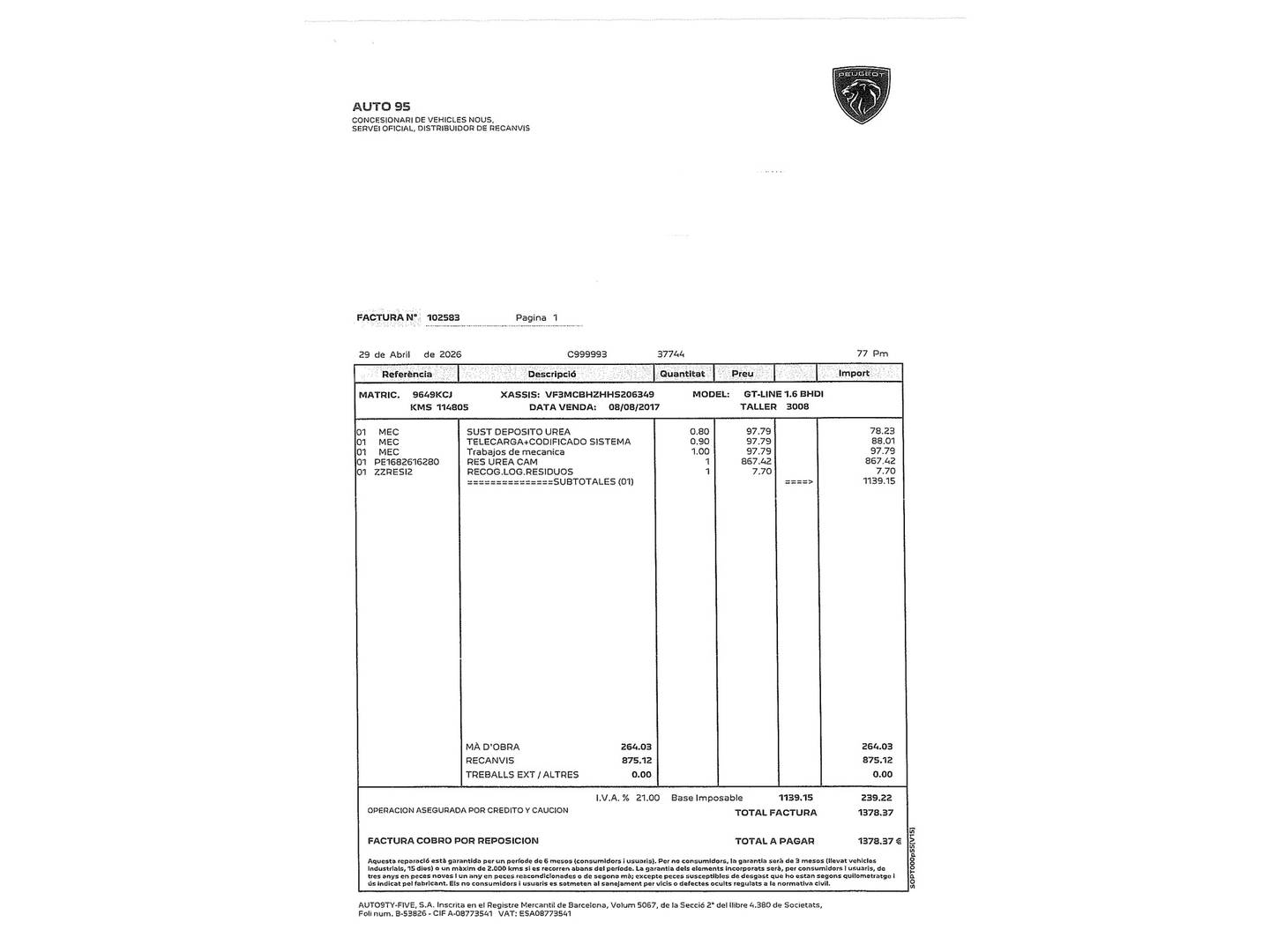 Foto del mantenimiento del Peugeot 3008 Peugeot 3008 BlueHDI 120 S&S GT-Line (120 CV)