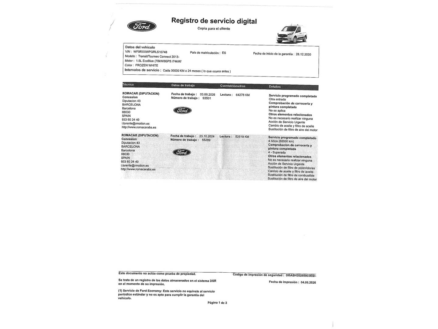 Foto del mantenimiento del Ford Transit Connect Ford Transit Connect 1.5 TDCi Trend 220 L1 (100 CV)