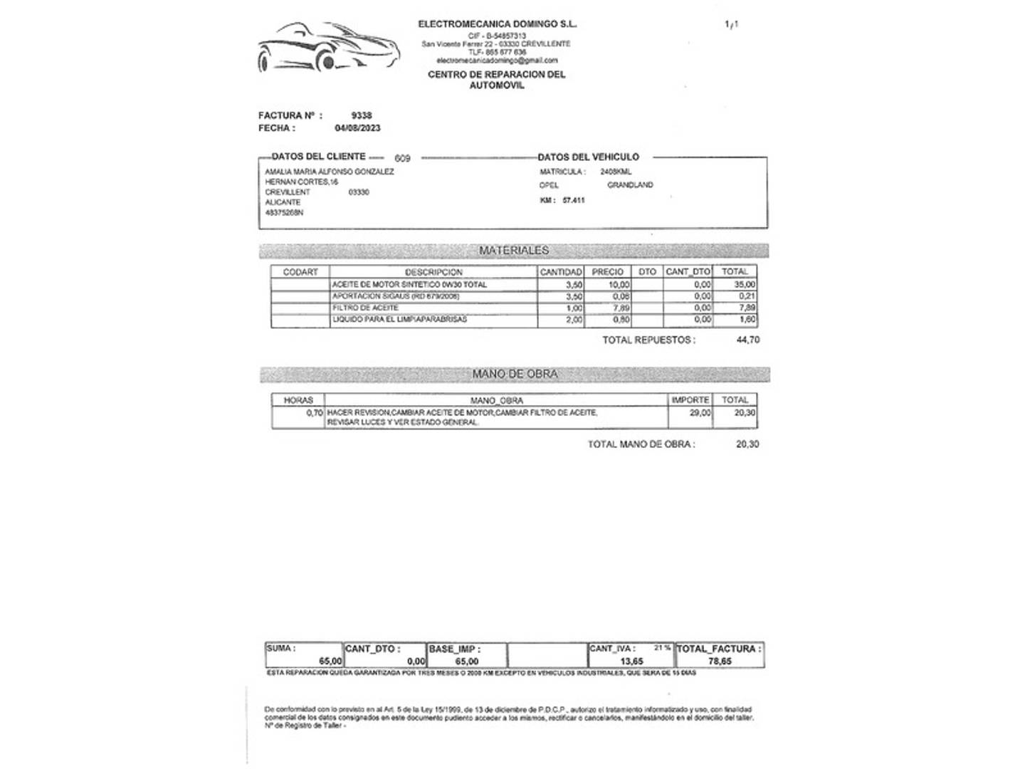 Foto del mantenimiento del Opel Grandland X Opel Grandland X 1.2 Turbo S&S ecoTEC Excellence (130 CV)