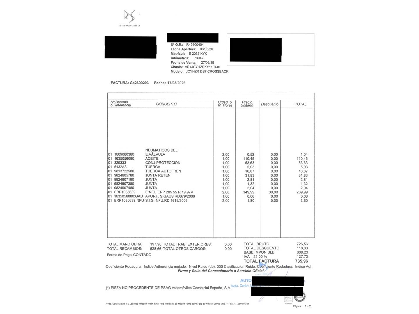 Foto del mantenimiento del DS DS 7 Crossback DS DS7 Crossback BlueHDi 130 Performance Line Auto (130 CV)