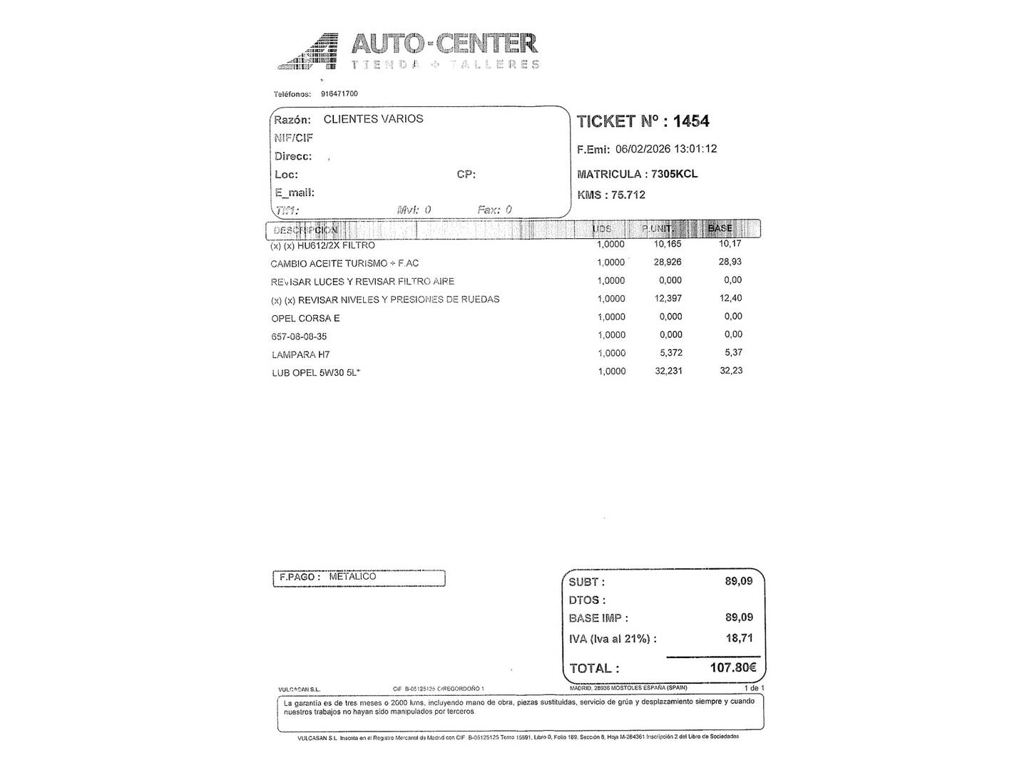 Foto del mantenimiento del Opel Corsa Opel Corsa 1.4 Selective (90 CV)
