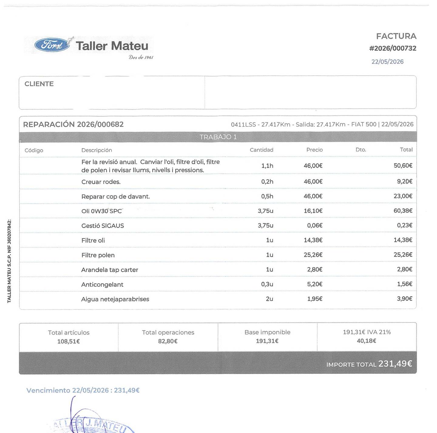 Foto del mantenimiento del Fiat 500X Fiat 500X 1.0 Firefly T3 S&S Cult (120 CV)