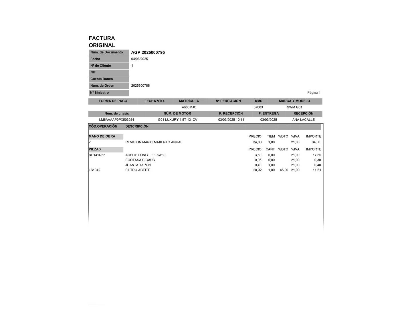 Foto del mantenimiento del SWM G01 SWM G01 1.5T Luxury (131 CV)