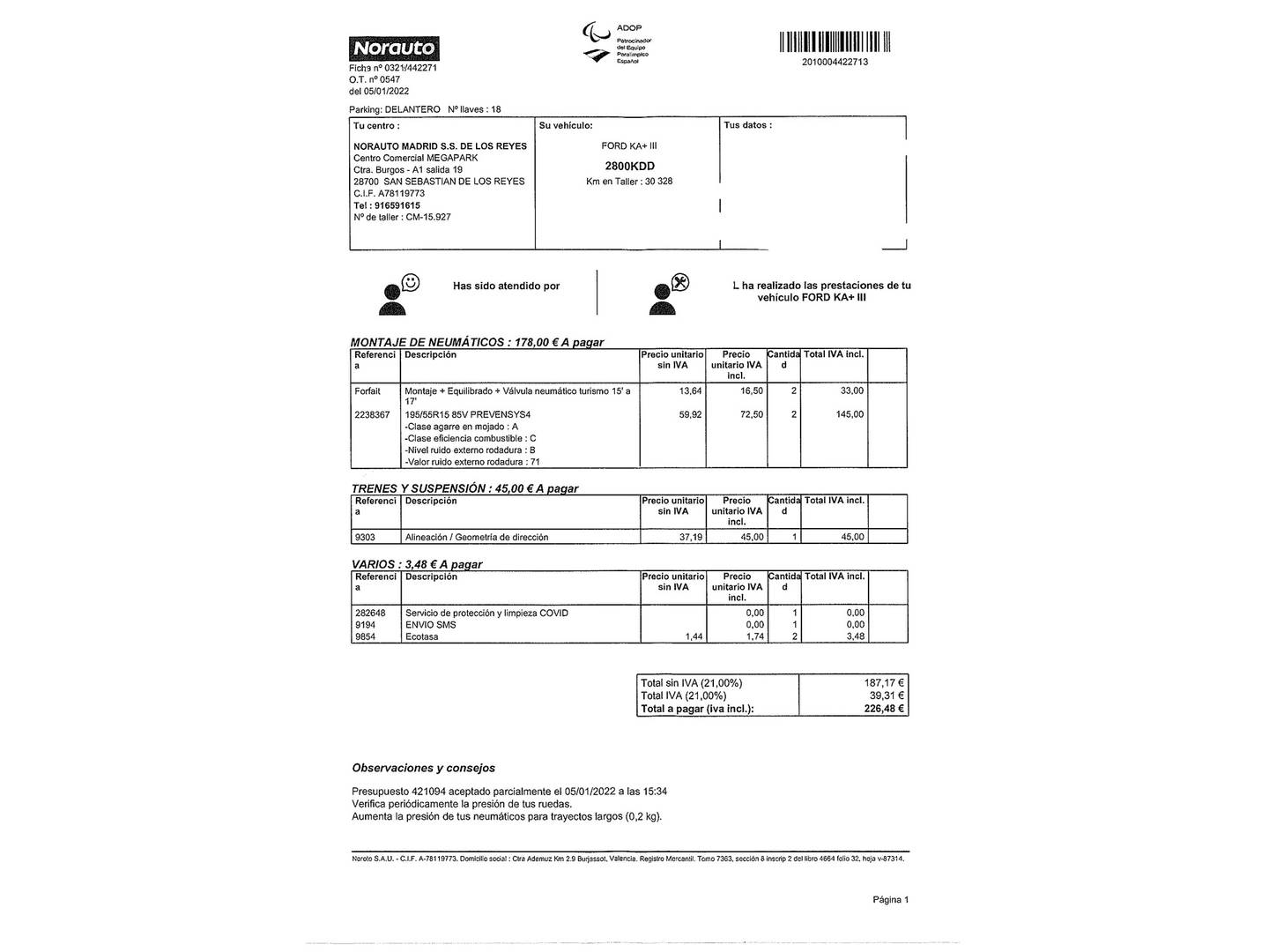 Foto del mantenimiento del Ford Ka+ Ford Ka+ 1.2 Ti-VCT Ultimate (85 CV)