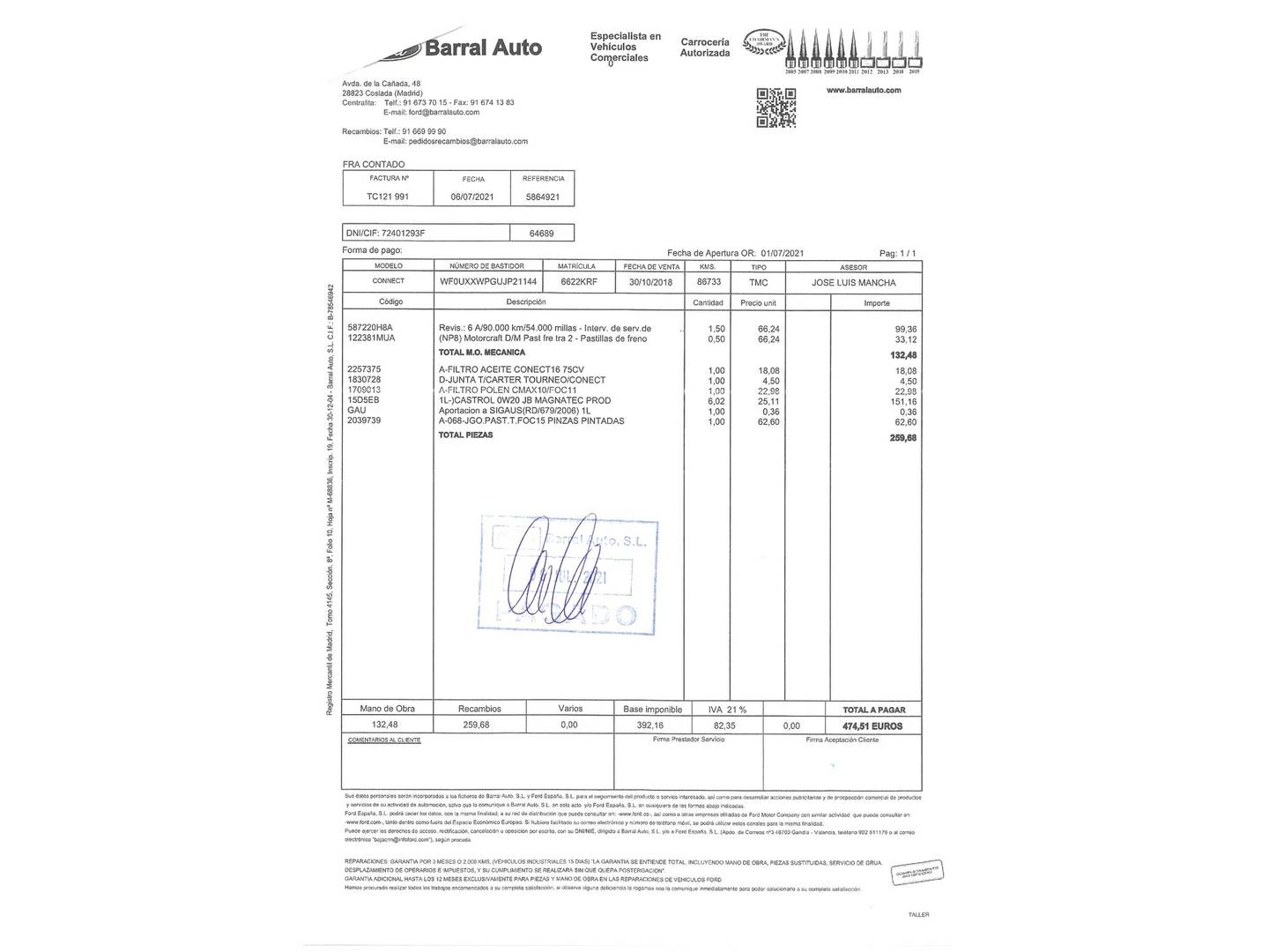 Foto del mantenimiento del Ford Grand Tourneo Connect Ford Grand Tourneo Connect 1.5 TDCi Titanium (120 CV) 7 Plazas