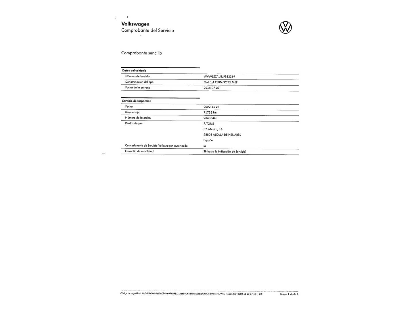 Foto del mantenimiento del Volkswagen Golf Volkswagen Golf Advance 1.4 TSI (125 CV)
