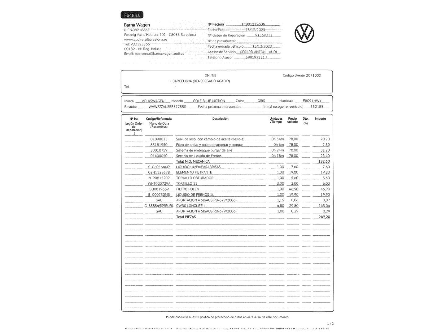 Foto del mantenimiento del Volkswagen Golf Volkswagen Golf Variant Business & Navi 1.6 TDI BMT (110 CV)