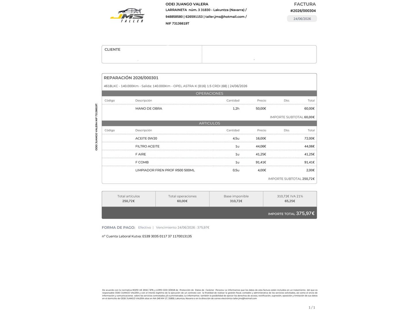Foto del mantenimiento del Opel Astra Opel Astra 1.5 D Elegance (122 CV)