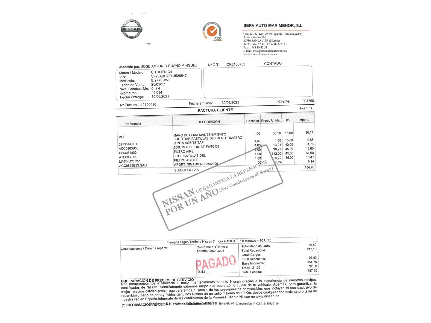 Foto del mantenimiento del Citroën Grand C4 Picasso Citroën Grand C4 Picasso BlueHDi 120 S&S Feel EAT6 (120 CV) 7 Plazas