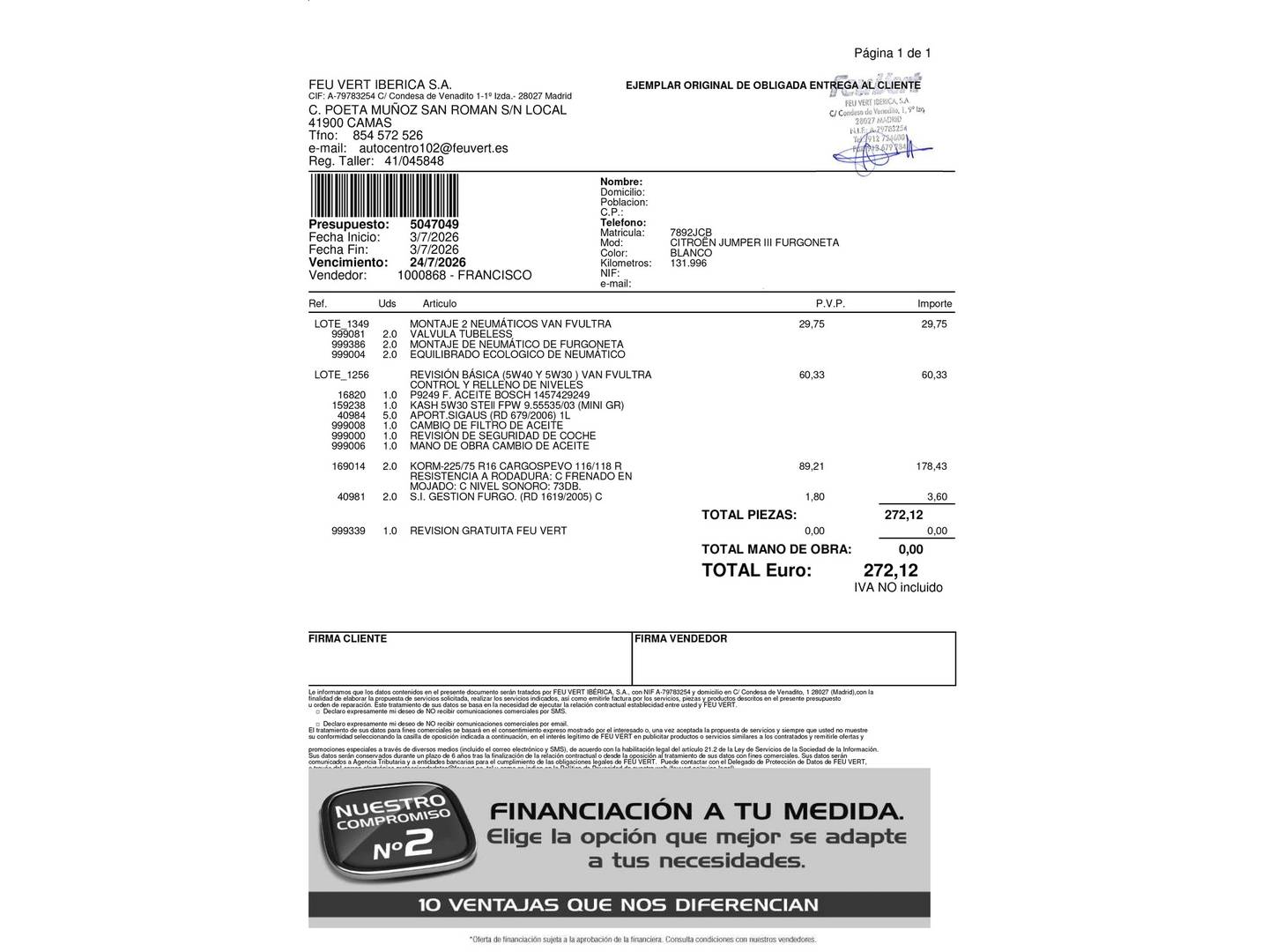 Foto del mantenimiento del Citroën Jumper Citroën Jumper Autocaravana BlueHDi 130 35 Heavy L4H3 (130 CV)