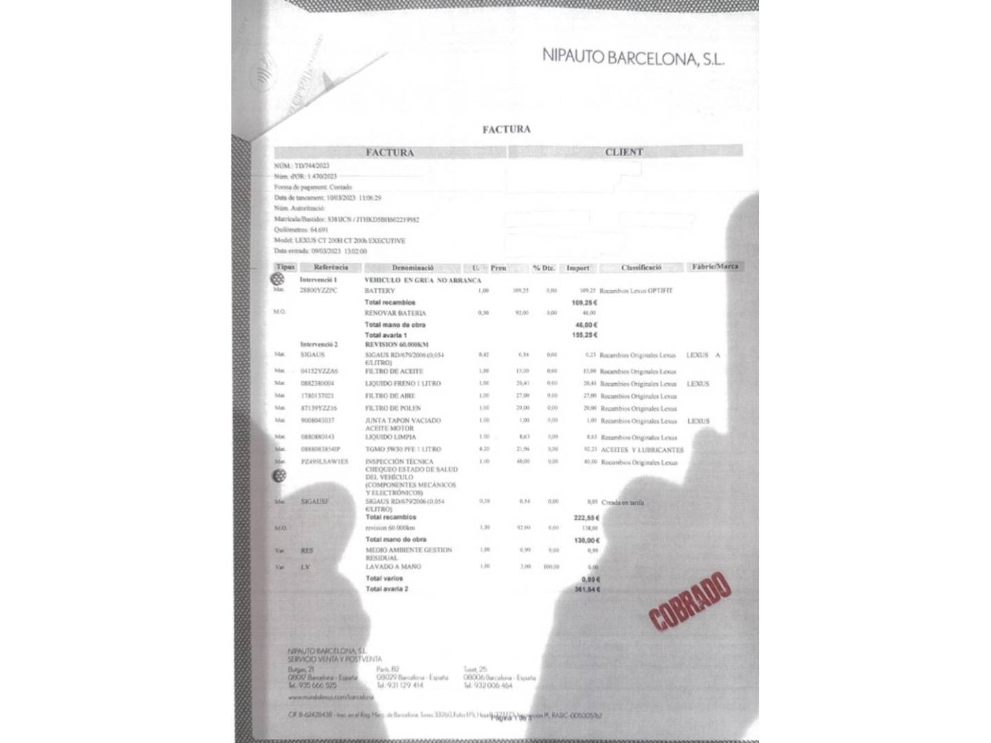 Foto del mantenimiento del Lexus CT Lexus CT 200h Executive (136 CV)