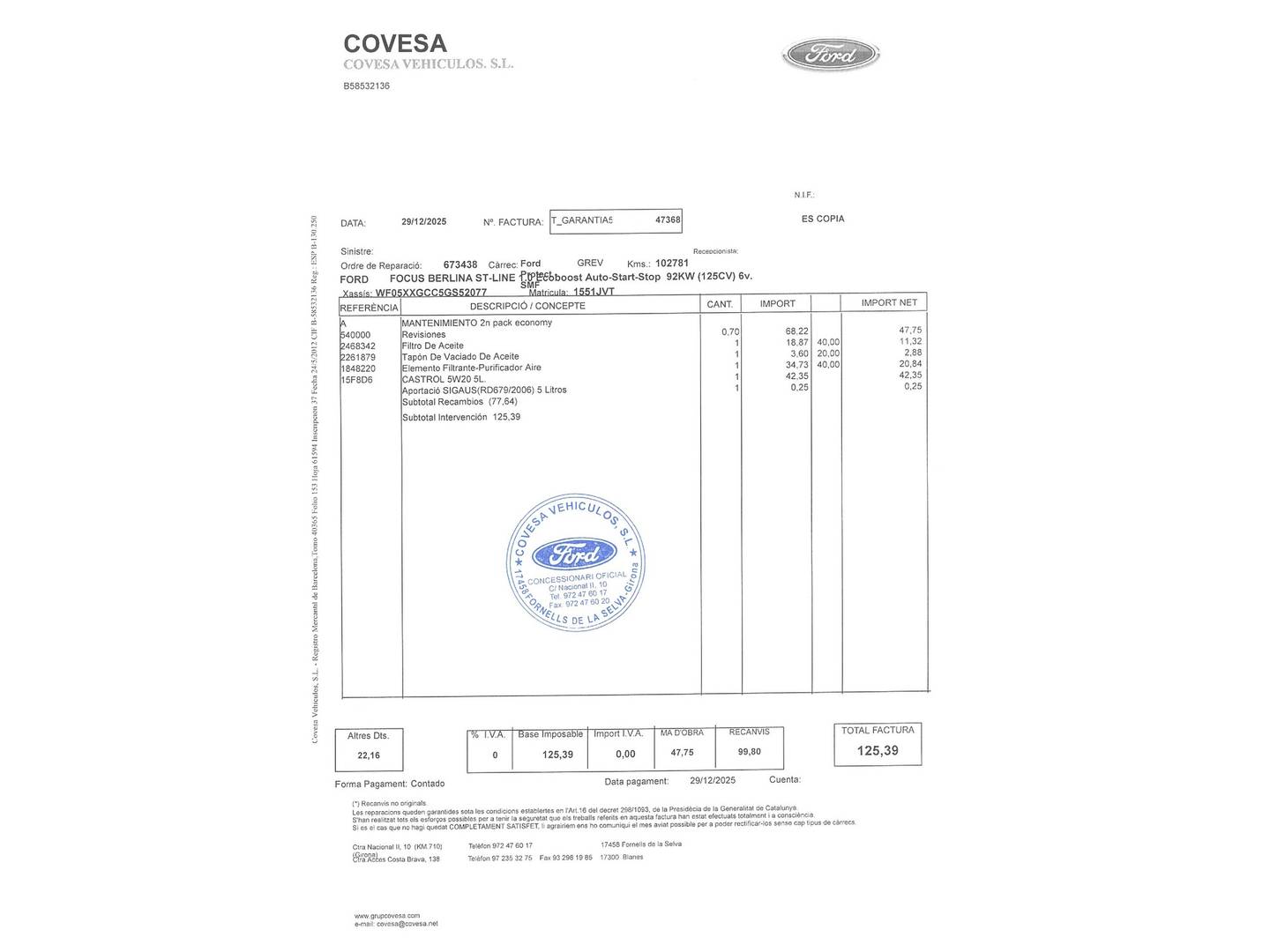 Foto del mantenimiento del Ford Focus Ford Focus 1.0 Ecoboost S&S ST-Line (125 CV)