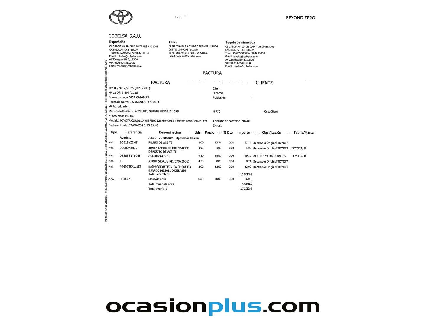 Foto del mantenimiento del Toyota Corolla Toyota Corolla 1.8 125 Híbrido Active Tech E-CVT (122 CV)