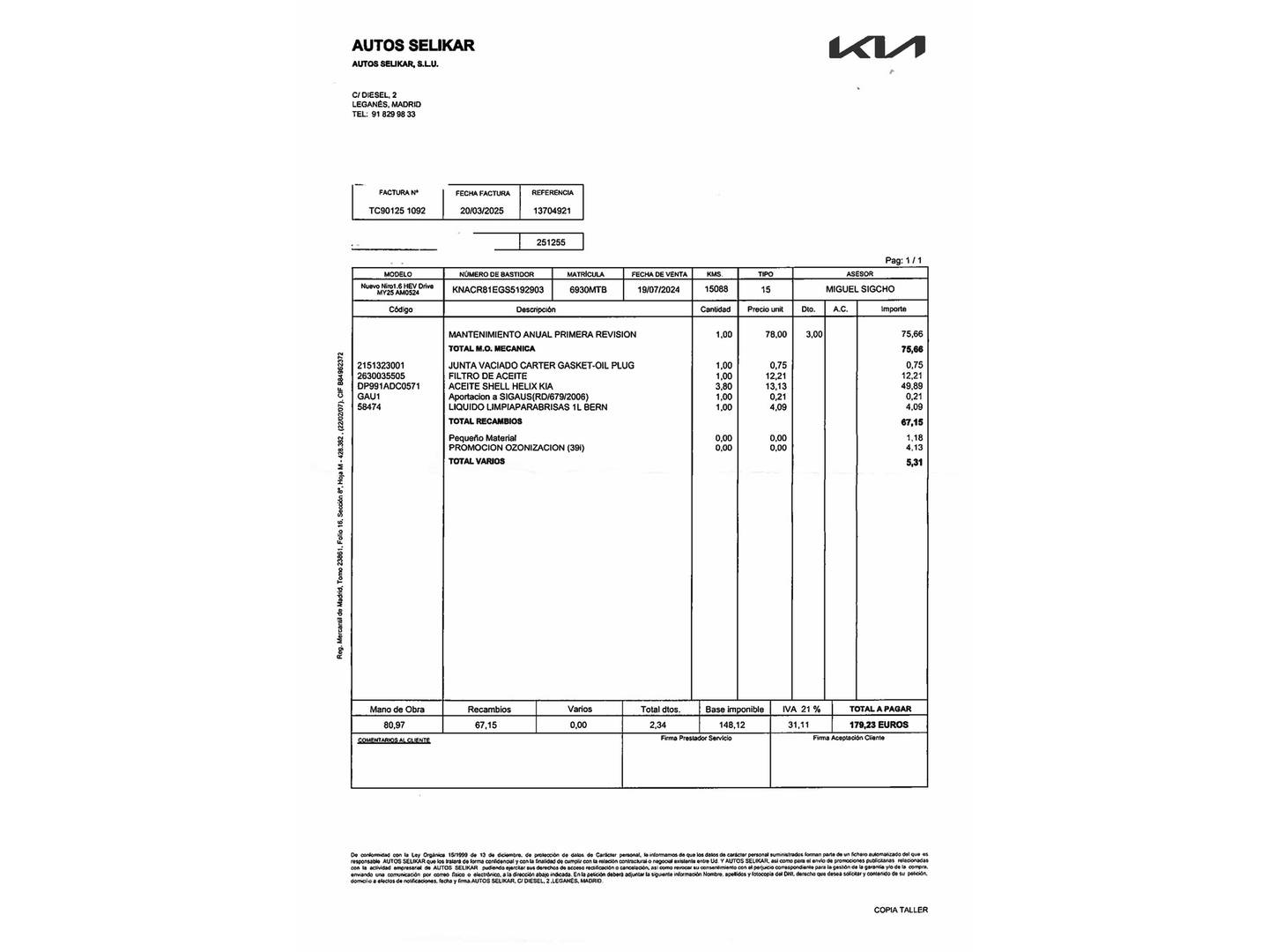 Foto del mantenimiento del KIA Niro KIA Niro 1.6 GDi HEV Drive (129 CV)