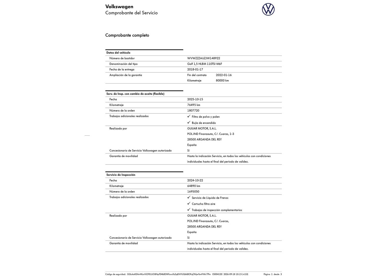 Foto del mantenimiento del Volkswagen Golf Volkswagen Golf 1.5 TSI Evo Sport (150 CV) Pack R-Line