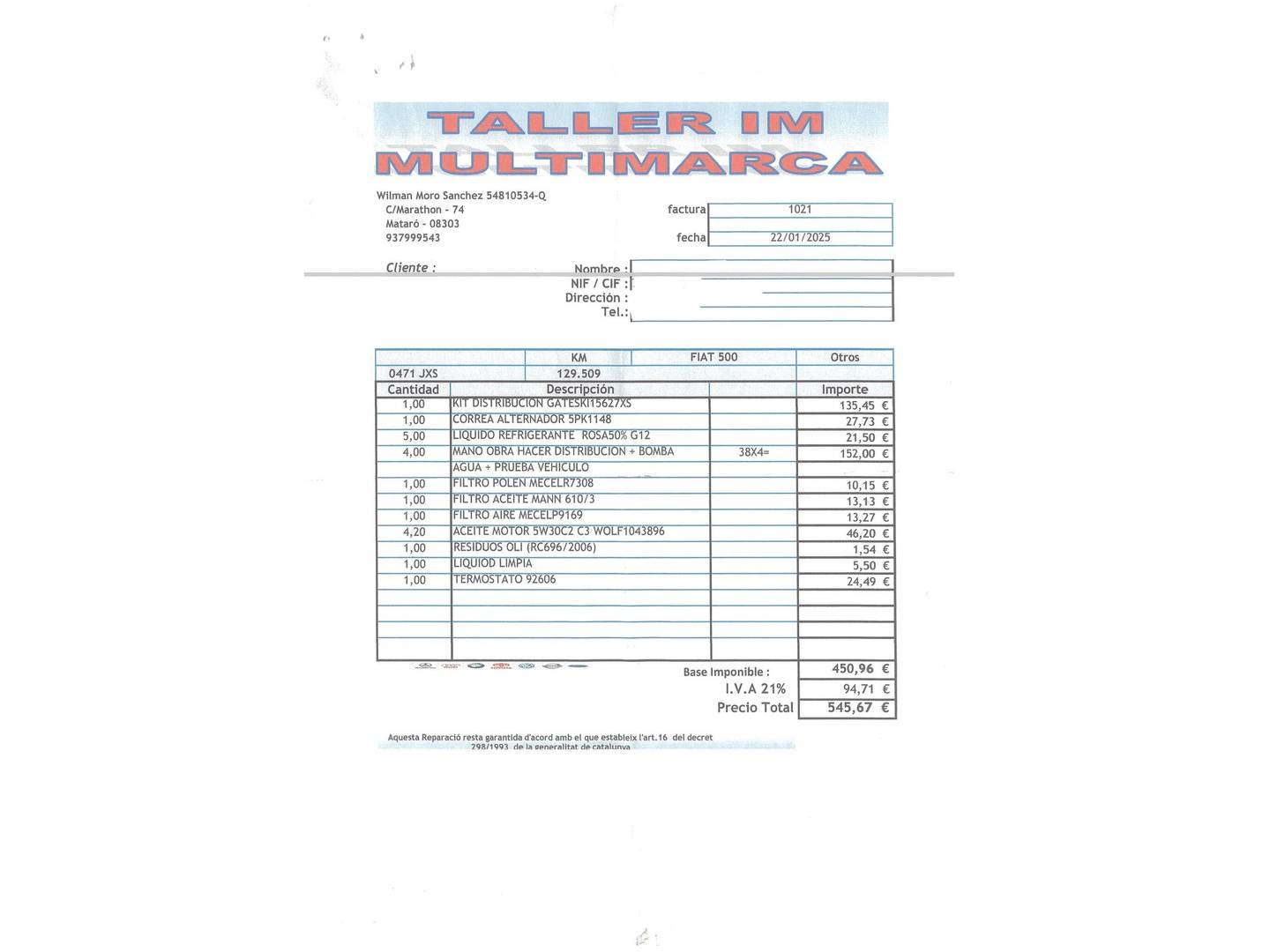 Foto del mantenimiento del Fiat 500 Fiat 500 1.2 8v Lounge (69 CV)