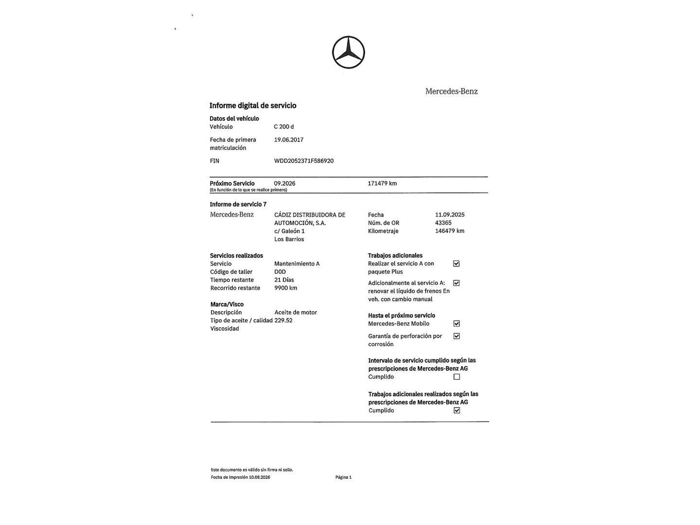 Foto del mantenimiento del Mercedes Clase C Mercedes Clase C 200 d Estate  (136 CV)