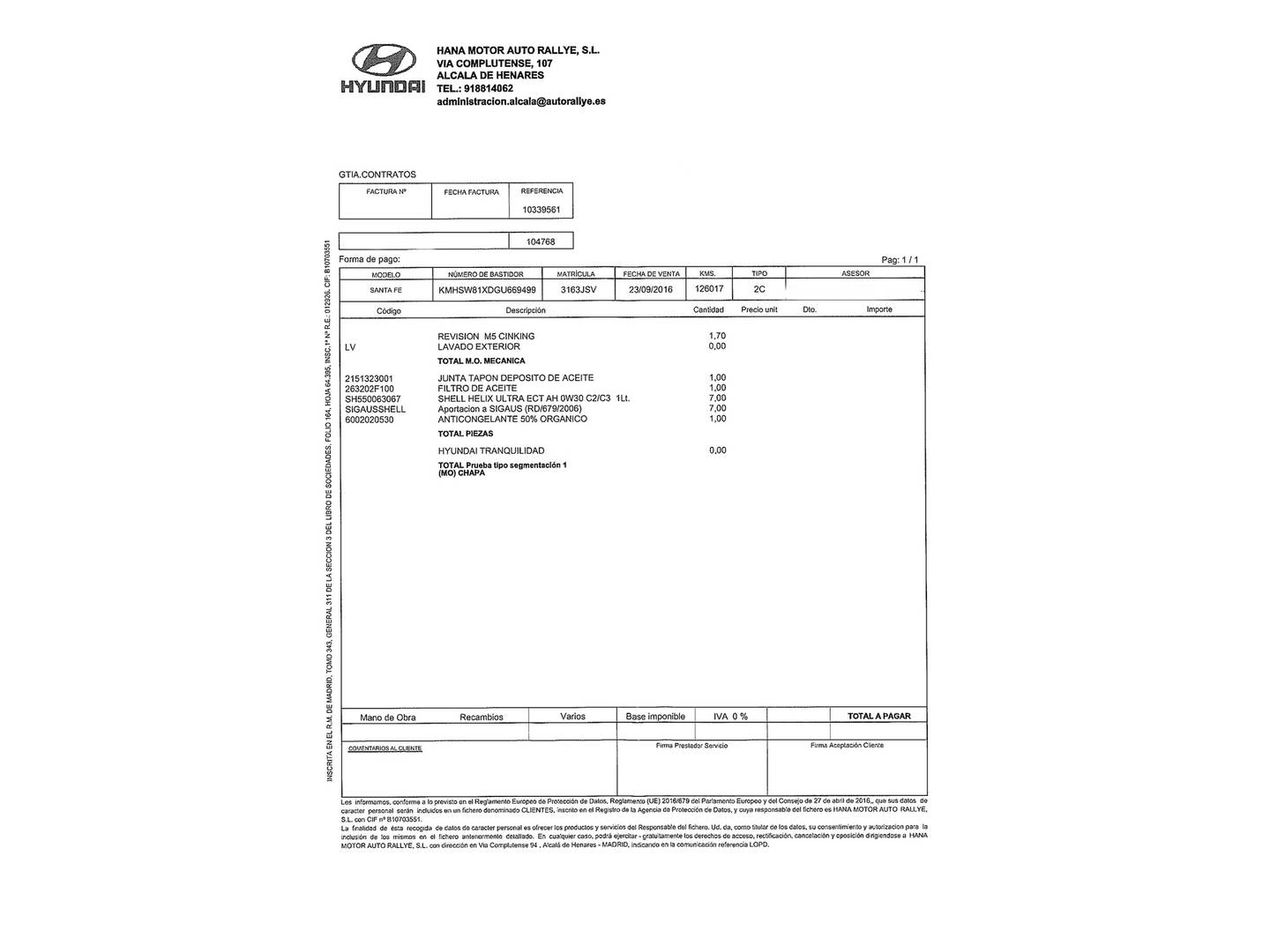 Foto del mantenimiento del Hyundai Santa Fe Hyundai Grand Santa Fe 2.2 CRDI Style Safe Auto 4x4 7 Plazas (200 CV)