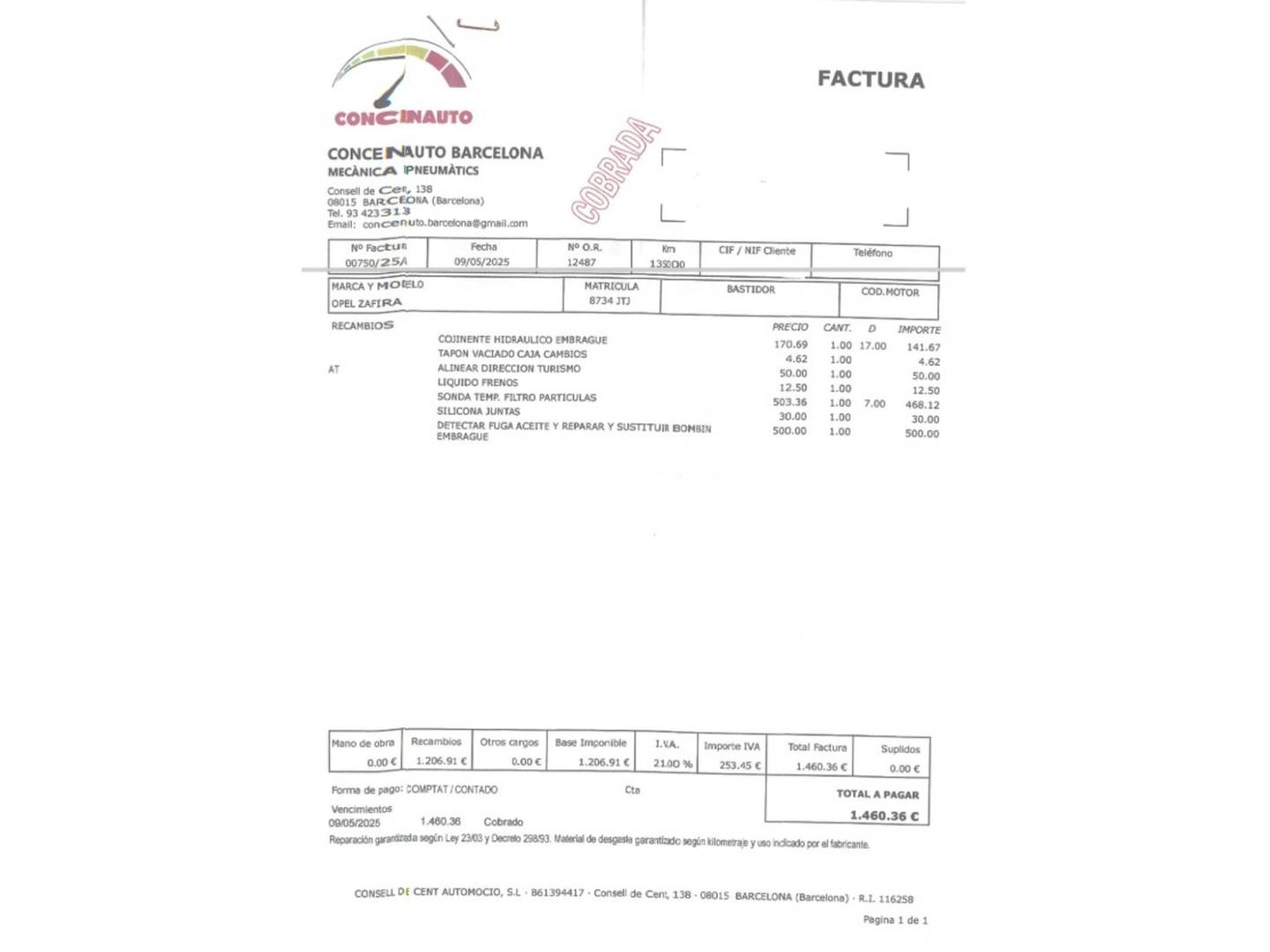 Foto del mantenimiento del Opel Zafira Tourer Opel Zafira Tourer 1.6 CDTi S&S Expression 7 Plazas (120 CV)