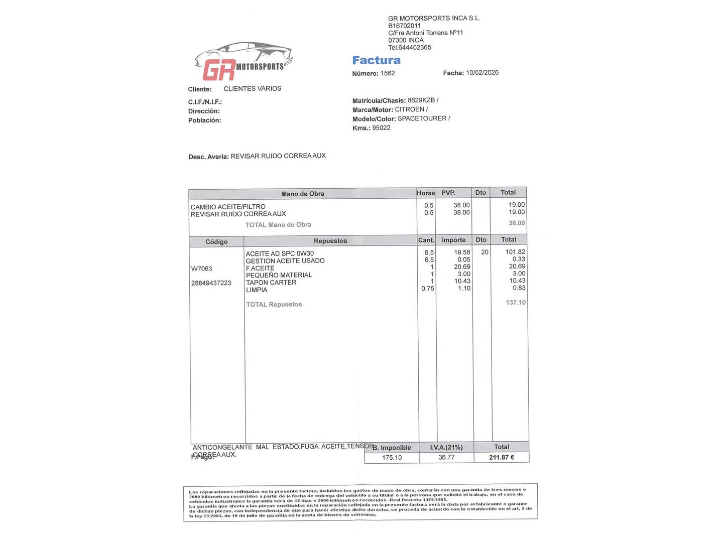 Foto del mantenimiento del Citroën Spacetourer Citroën Spacetourer BlueHDi 150 Talla M Origins (150 CV)