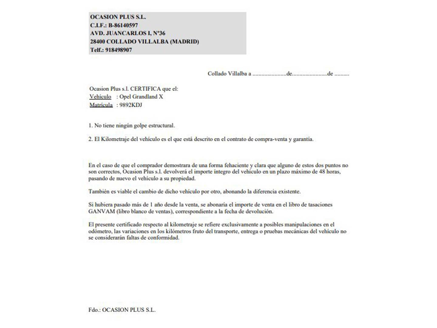 Foto del certificado del Opel Grandland X Opel Grandland X 1.6 CDTi Excellence Auto (120 CV)
