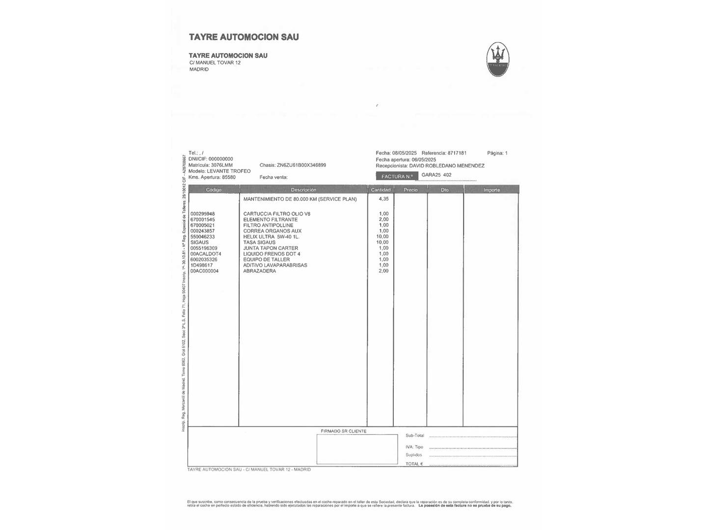 Foto del mantenimiento del Maserati Levante Maserati Levante 3.8 V8 twin turbo Trofeo 427 kW (580 CV)