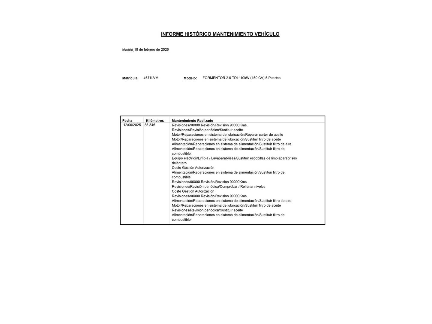 Foto del mantenimiento del Cupra Formentor Cupra Formentor 2.0 TDI (150 CV)