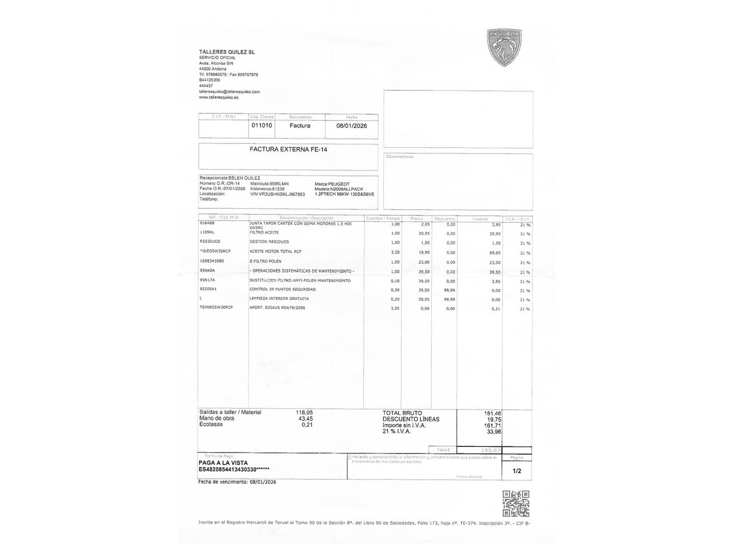 Foto del mantenimiento del Peugeot 2008 Peugeot 2008 PureTech 130 S&S Allure Pack (130 CV)