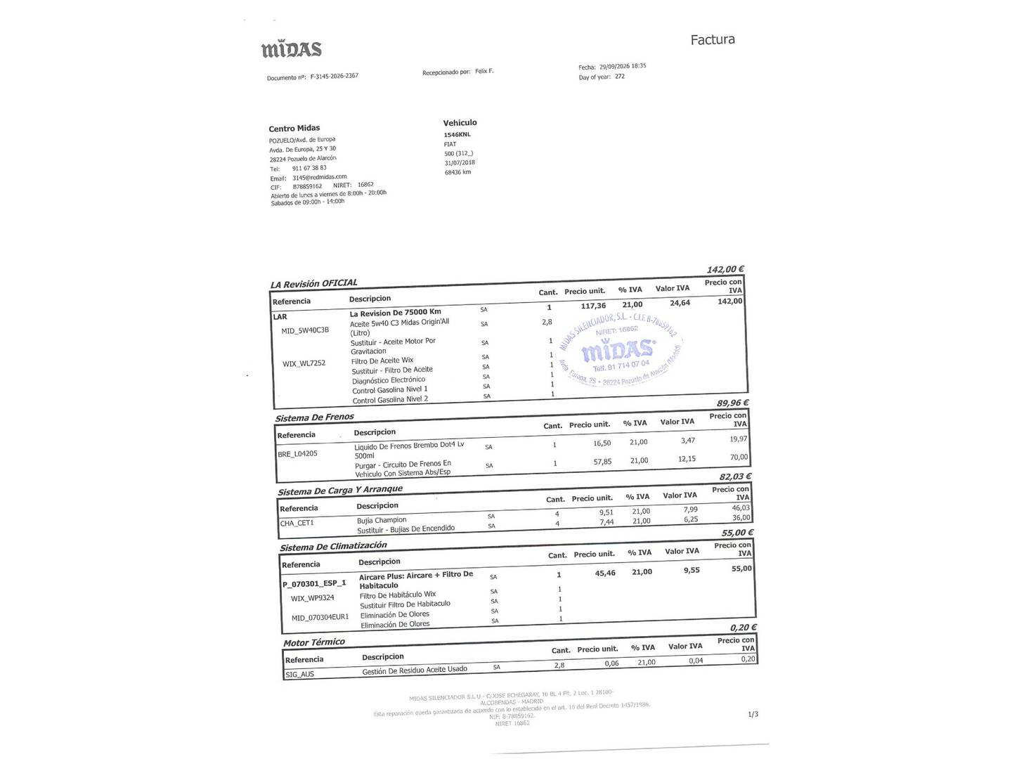 Foto del mantenimiento del Fiat 500 Fiat 500 1.2 8v Lounge (69 CV)