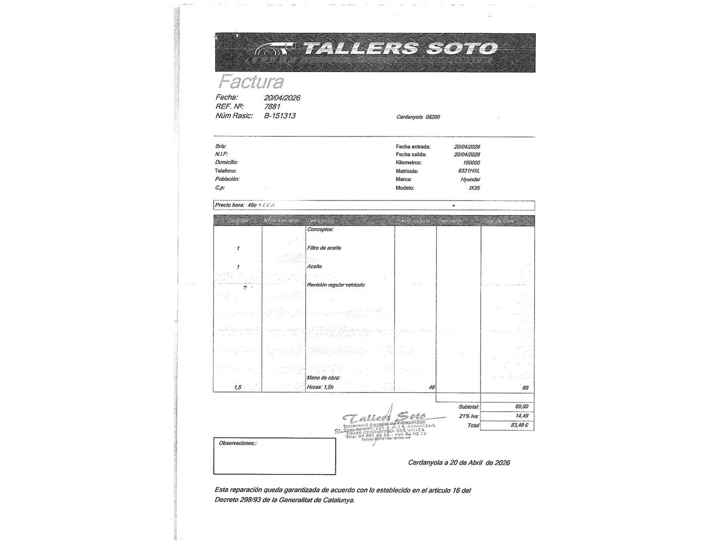 Foto del certificado del Hyundai ix35 Hyundai ix35 1.6 GDi Tecno 4x2 (135 CV)