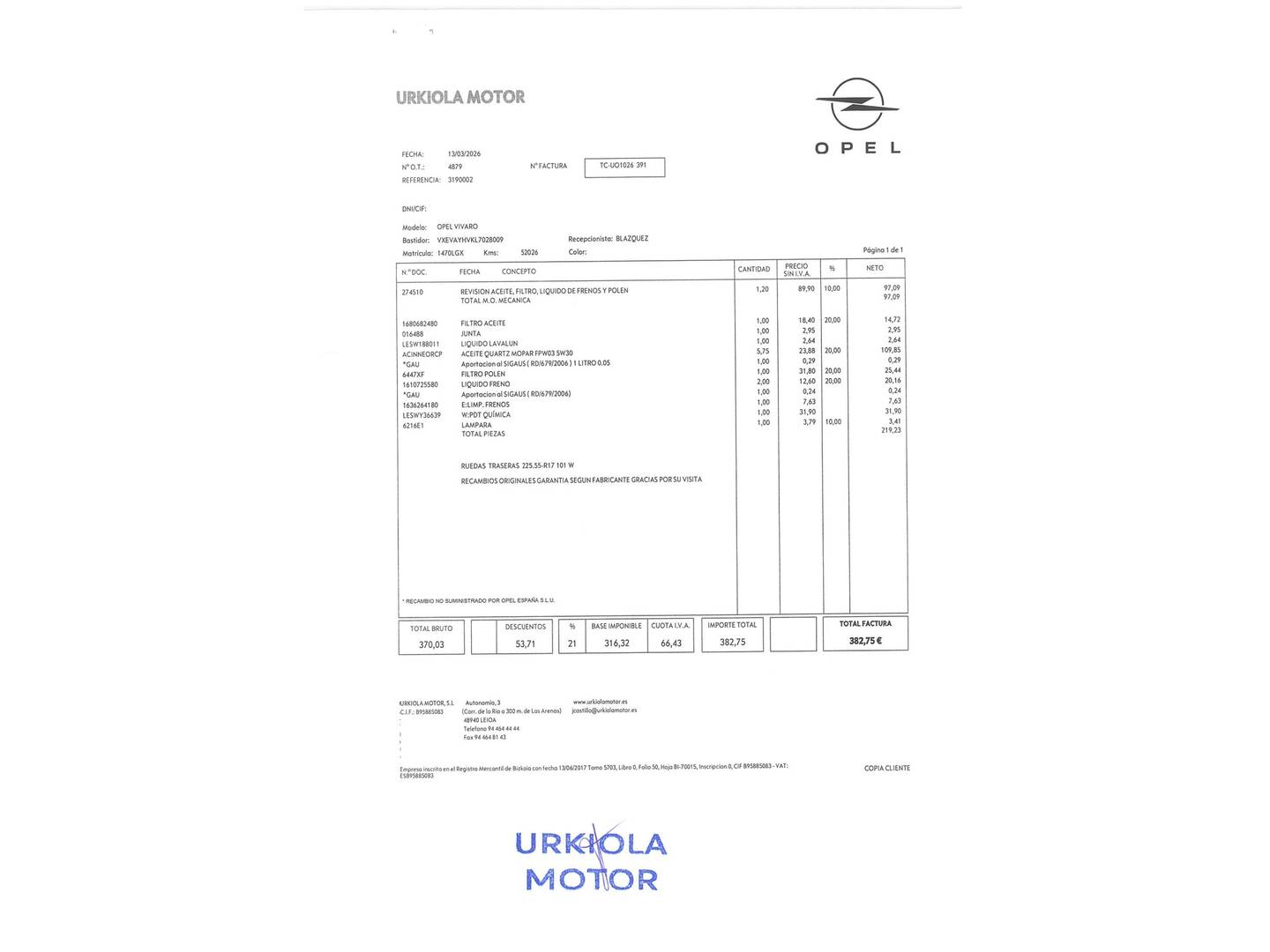 Foto del mantenimiento del Opel Vivaro Opel Vivaro Combi 1.5 Diesel M Standard Express (120 CV) Semi-camperizada 4 Plazas