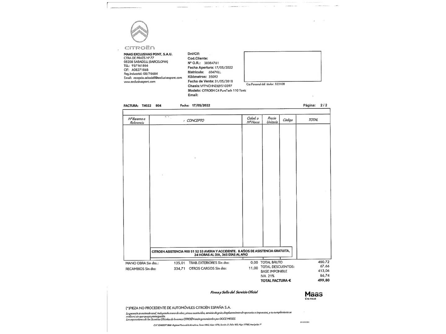 Foto del mantenimiento del Citroën C4 Citroën C4 PureTech 110 Tonic (110 CV)