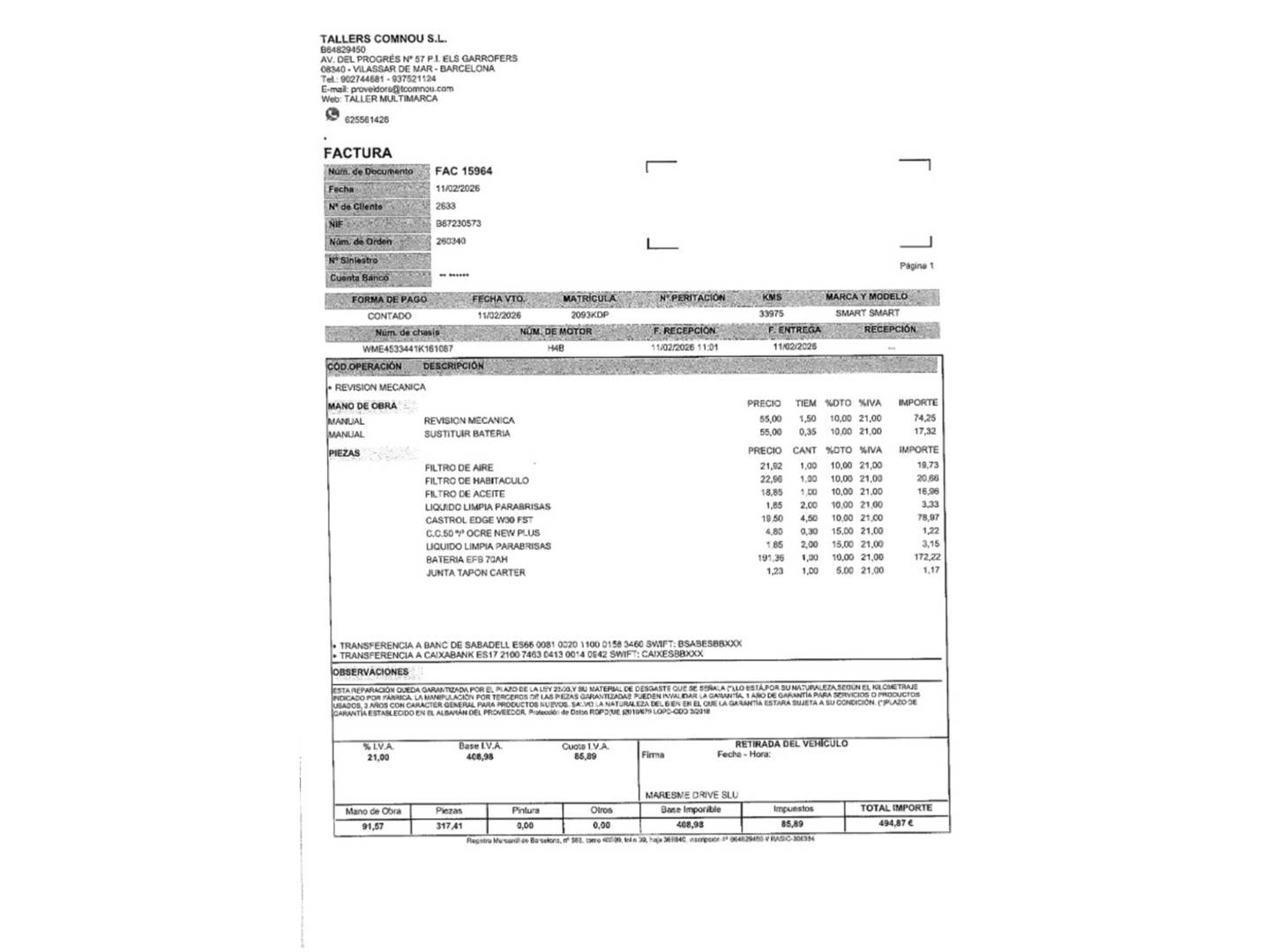 Foto del mantenimiento del Smart fortwo Smart ForTwo 66 Passion (90 CV)