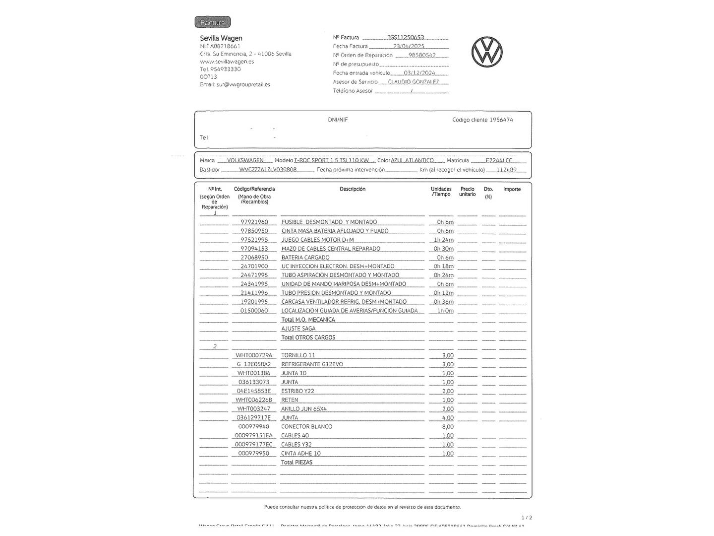 Foto del mantenimiento del Volkswagen T-Roc Volkswagen T-Roc Sport 1.5 TSI (150 CV) DSG