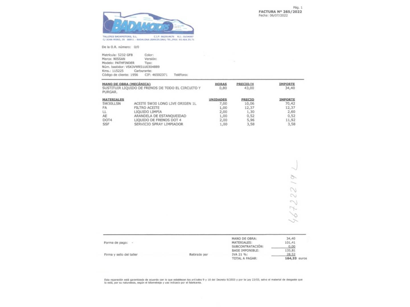 Foto del mantenimiento del Nissan Pathfinder Nissan Pathfinder 2.5 dCi LE 7 PLAZAS (171 CV)
