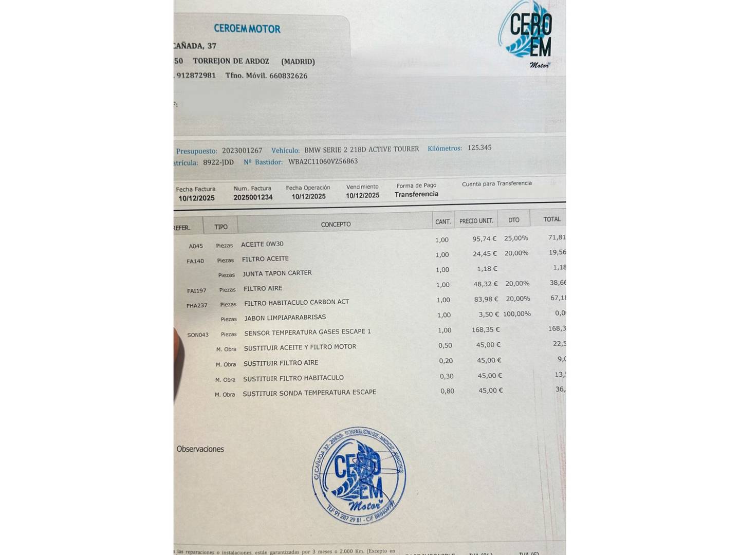 Foto del mantenimiento del BMW Serie 2 Active Tourer BMW Serie 2 218d Active Tourer (150 CV)