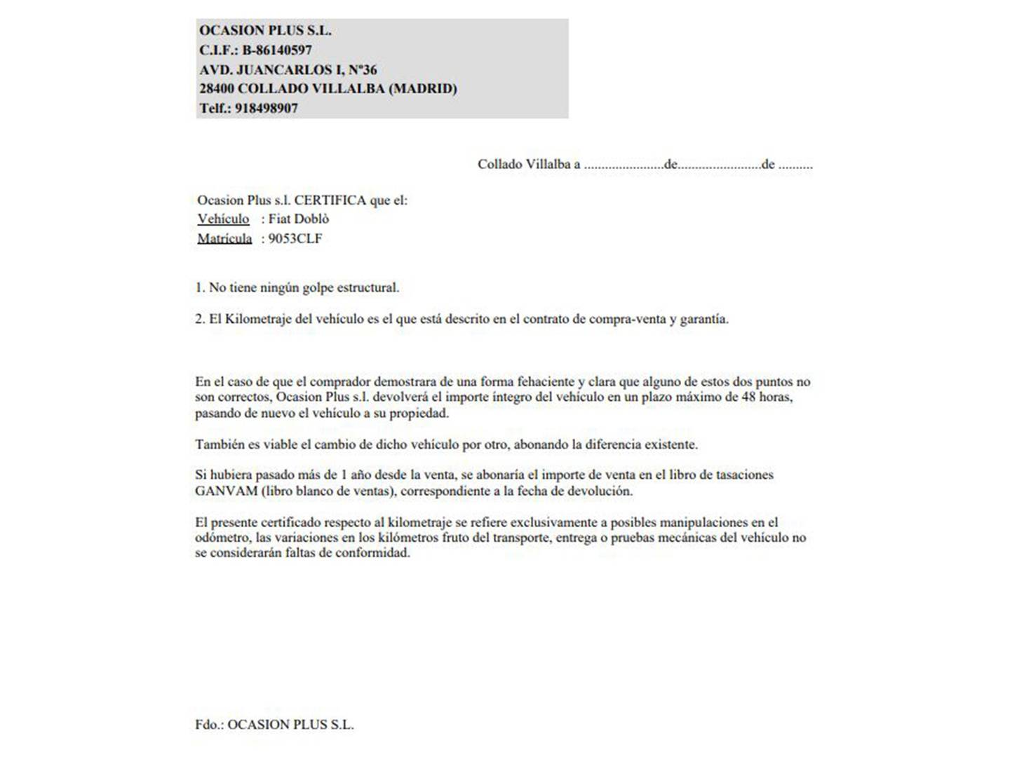 Foto del certificado del Fiat Doblò Fiat Dobló 1.2 Panorama SX (65 CV)