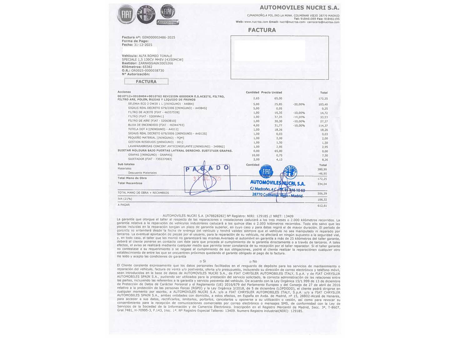Foto del mantenimiento del Alfa Romeo Tonale Alfa Romeo Tonale 1.5 MHEV Speciale FWD Auto (130 CV)