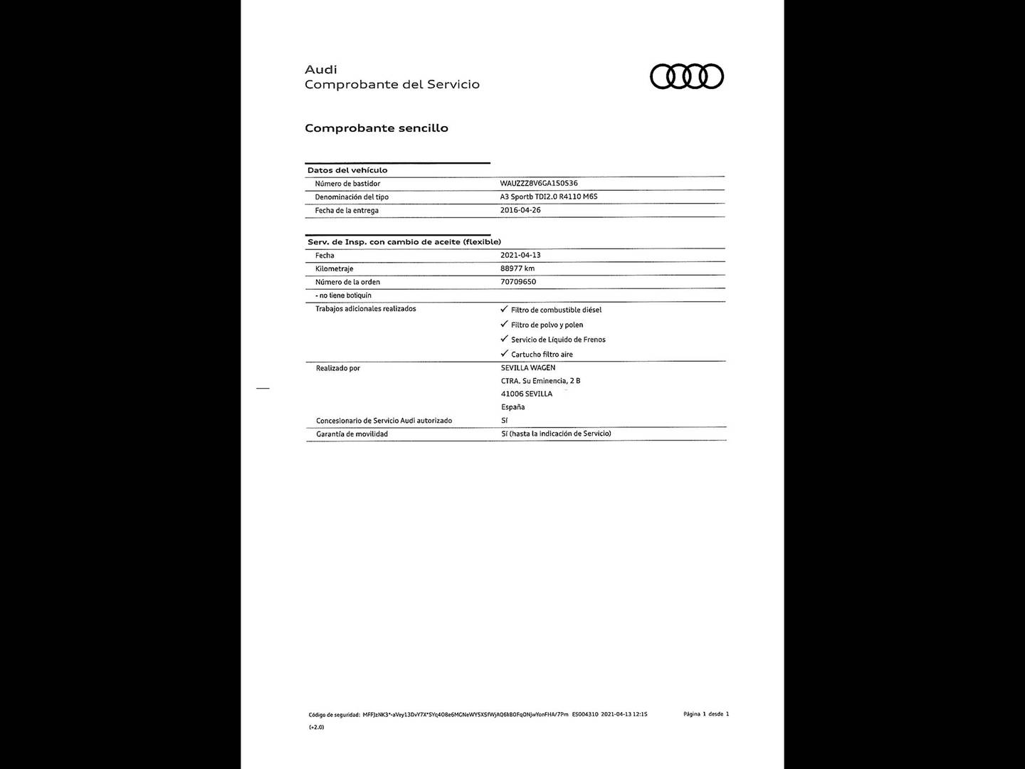 Foto del mantenimiento del Audi A3 Audi A3 Sportback Attracted 2.0 TDI clean diesel  (150 CV)